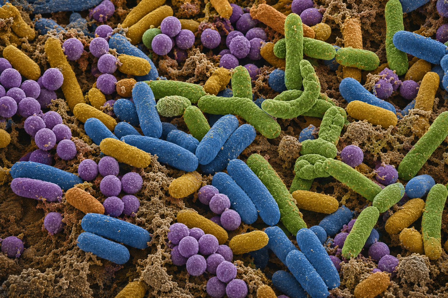 Colored electron microscope image of diverse microbiome bacteria